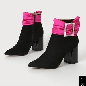 Black Suede Ankle Boots with Hot Pink Satin Cuff